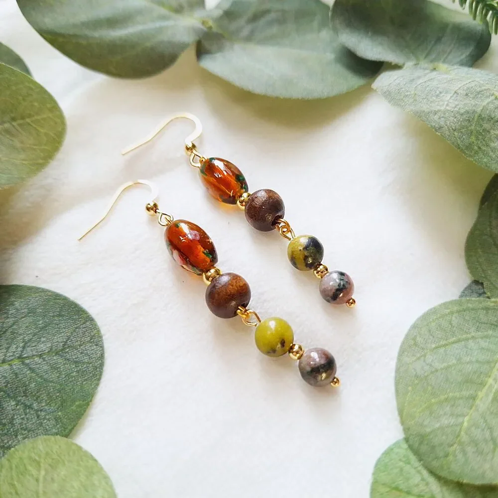 Green Serpentine, Lampwork Glass, & Wood Beaded Dangle Earrings